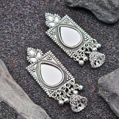 Ethnic Oxidised Silver Mirror Drop Jhumka Earrings