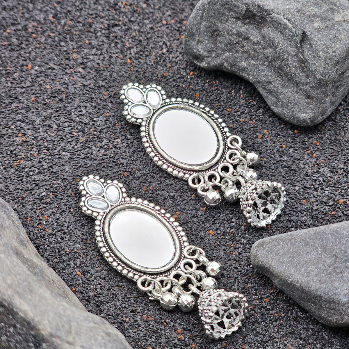 Oxidized Silver Mirror Studded Chandelier Earrings