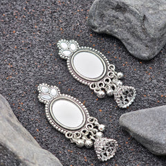 Oxidized Silver Mirror Studded Chandelier Earrings