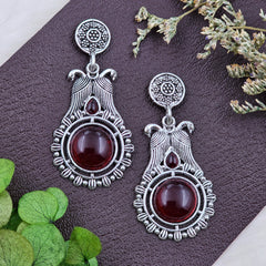 Traditional Silver Oxidised Red Stone Earrings