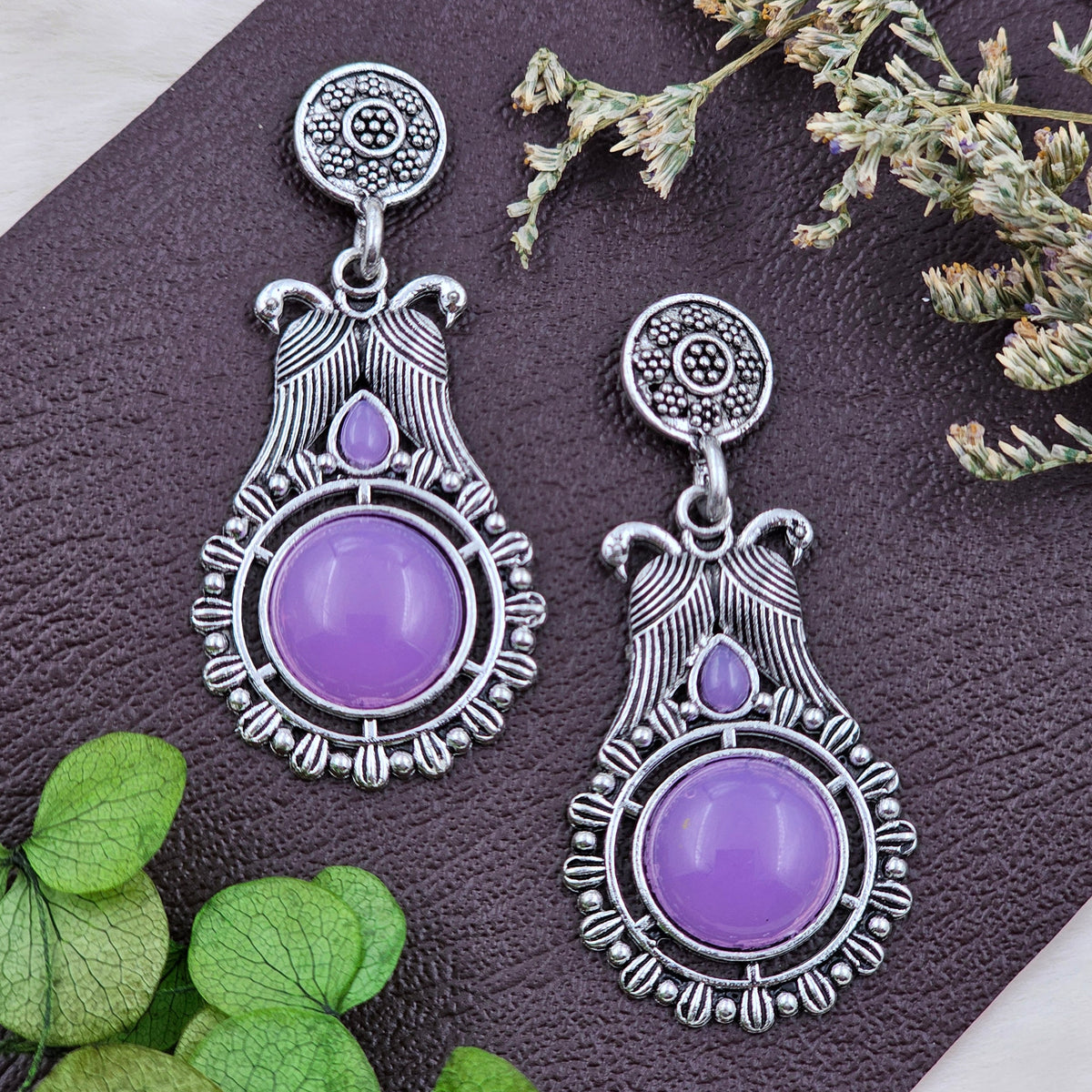 Ethnic Silver Oxidised Purple Stone Jhumki Earrings