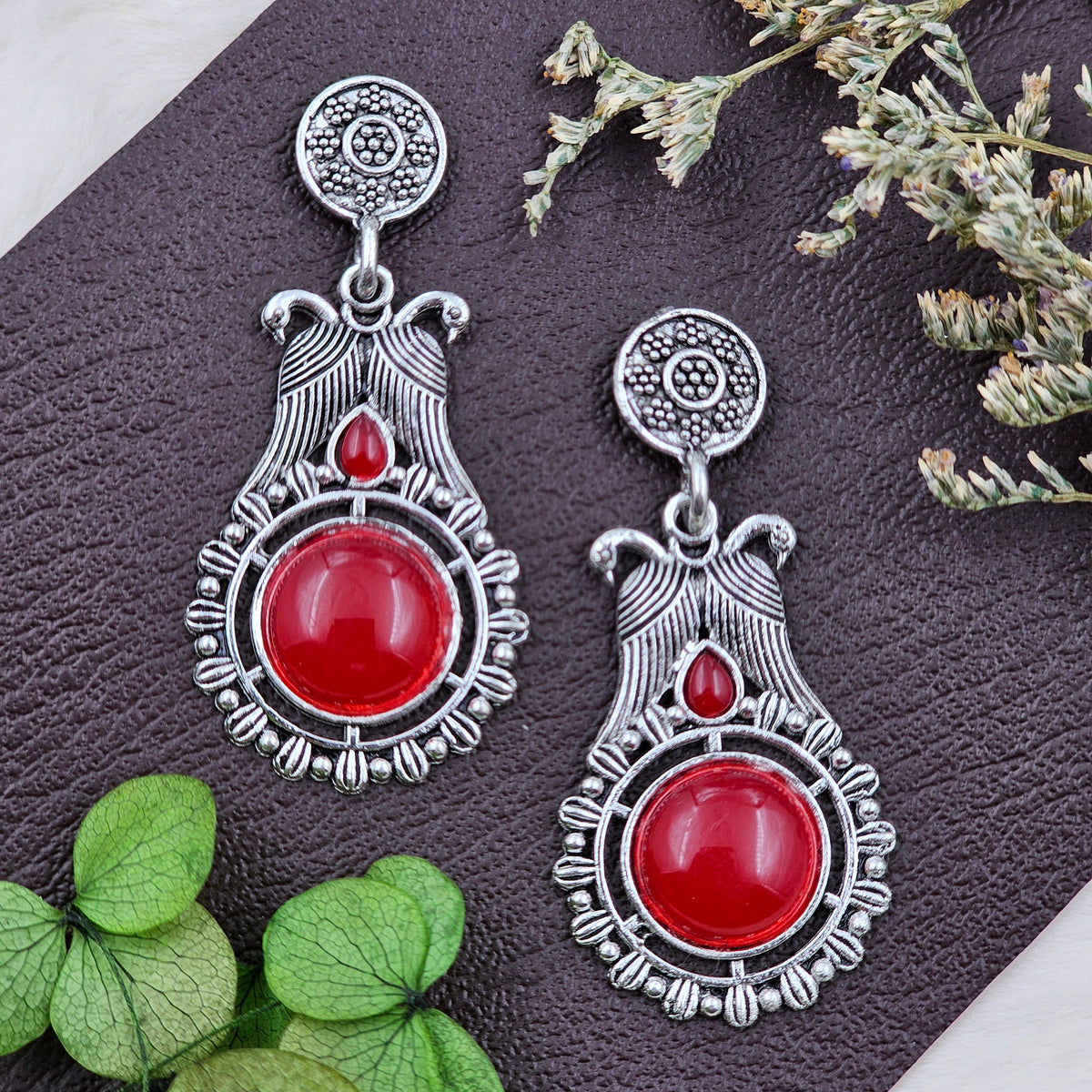 Elegant Silver Oxidised Red Stone Jhumki Earrings