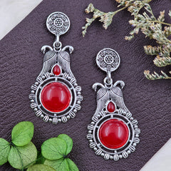 Elegant Silver Oxidised Red Stone Jhumki Earrings