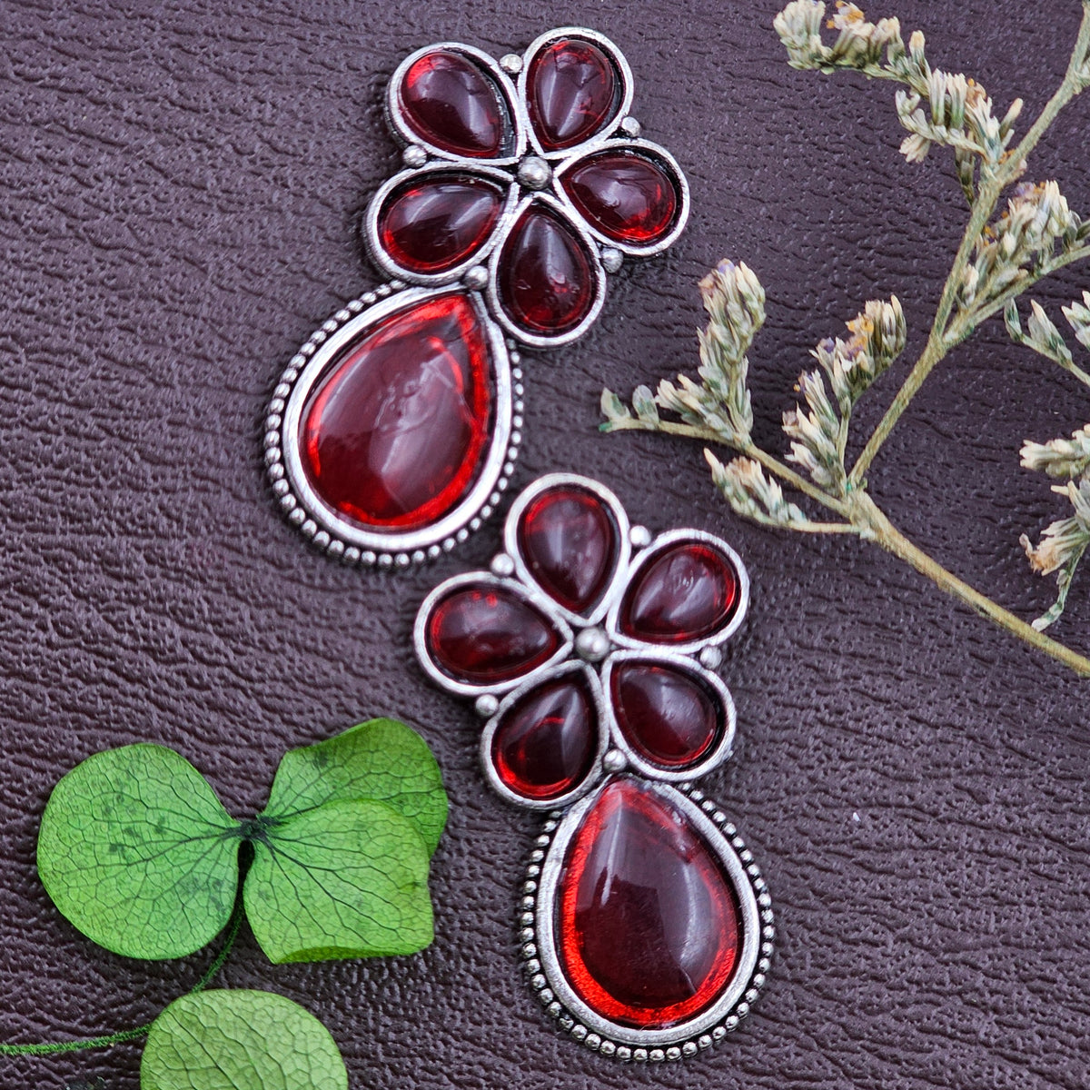 Red Stone Teardrop Silver Oxidised Earrings