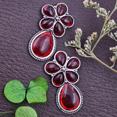 Red Stone Teardrop Silver Oxidised Earrings