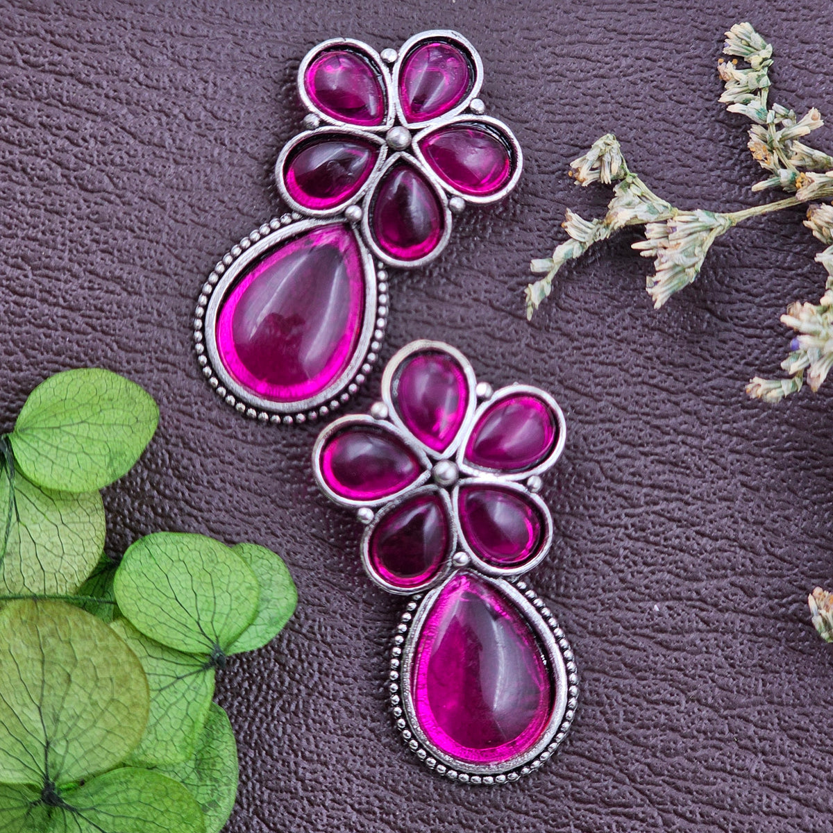 Teardrop Silver Toned Pink Stone Drop Earrings