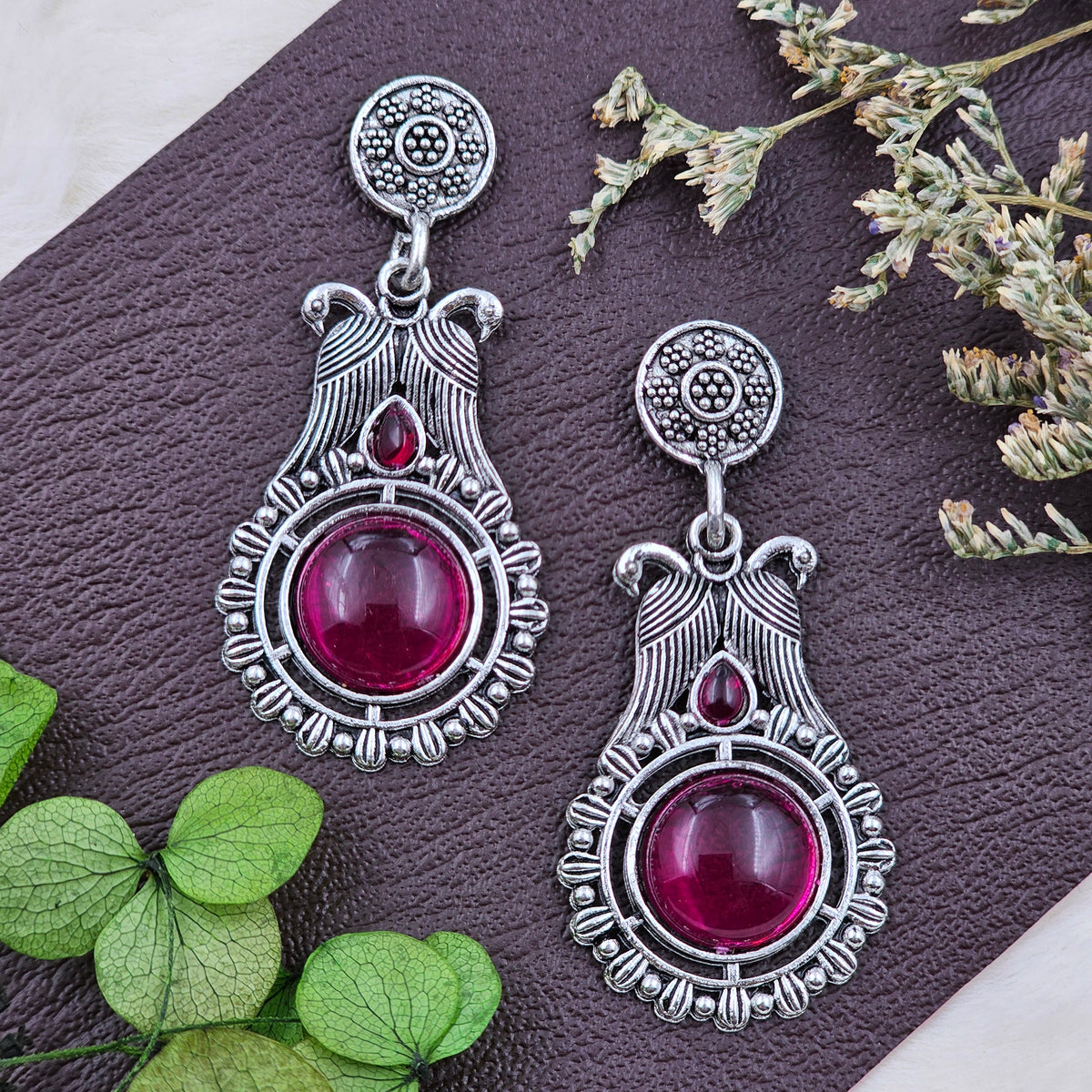 Elegant Silver Oxidised Pink Stone Earrings