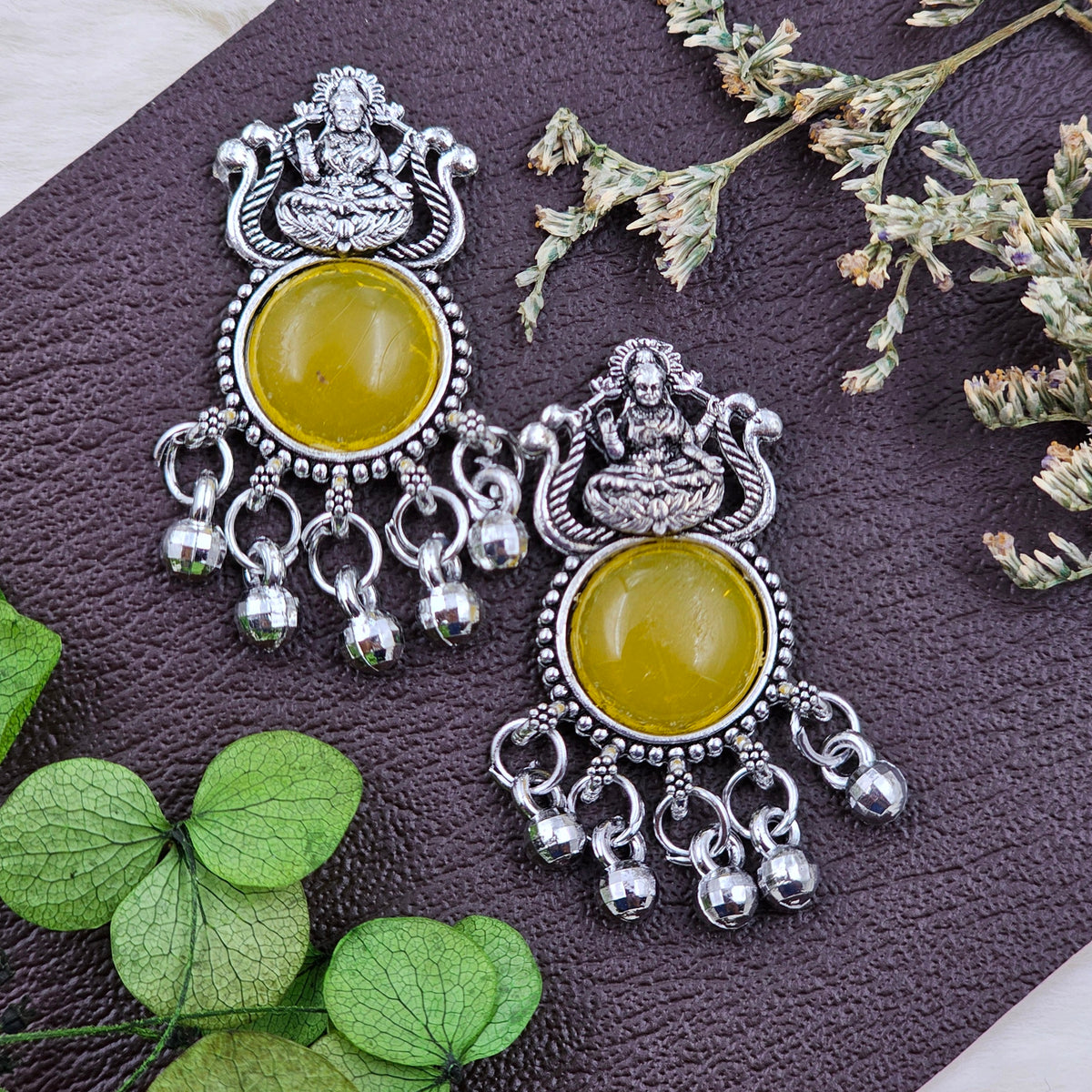 Ethnic Yellow Stone Silver Oxidised Jhumki Drop Earrings