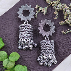 Silver Oxidised Stud Jhumki Drop Earrings