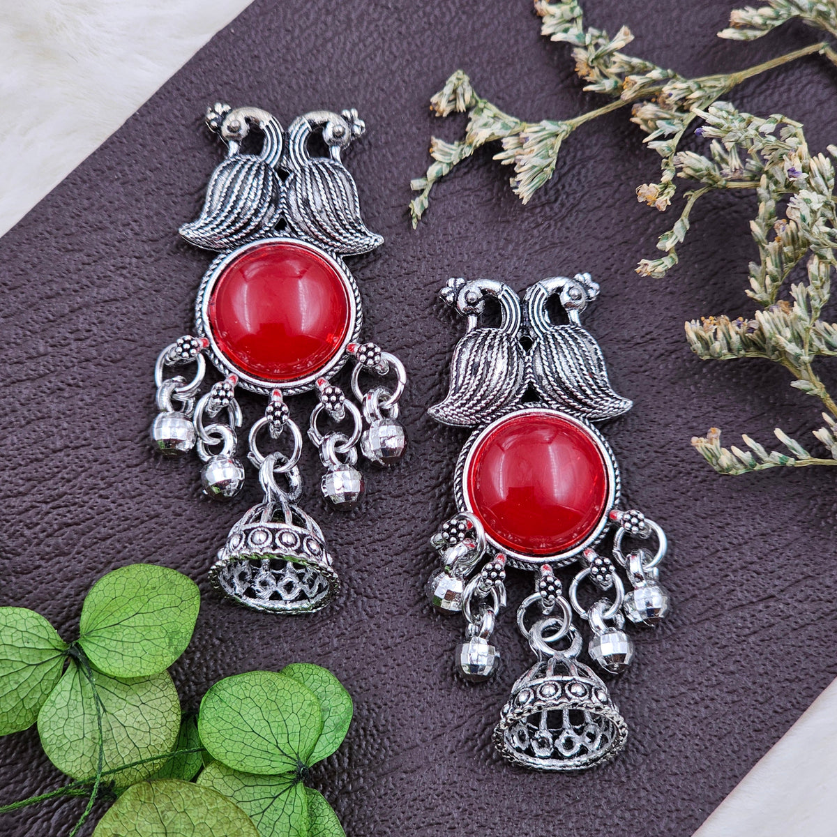 Traditional Peacock Design Silver Oxidised Red Stone Jhumki Drop Earrings