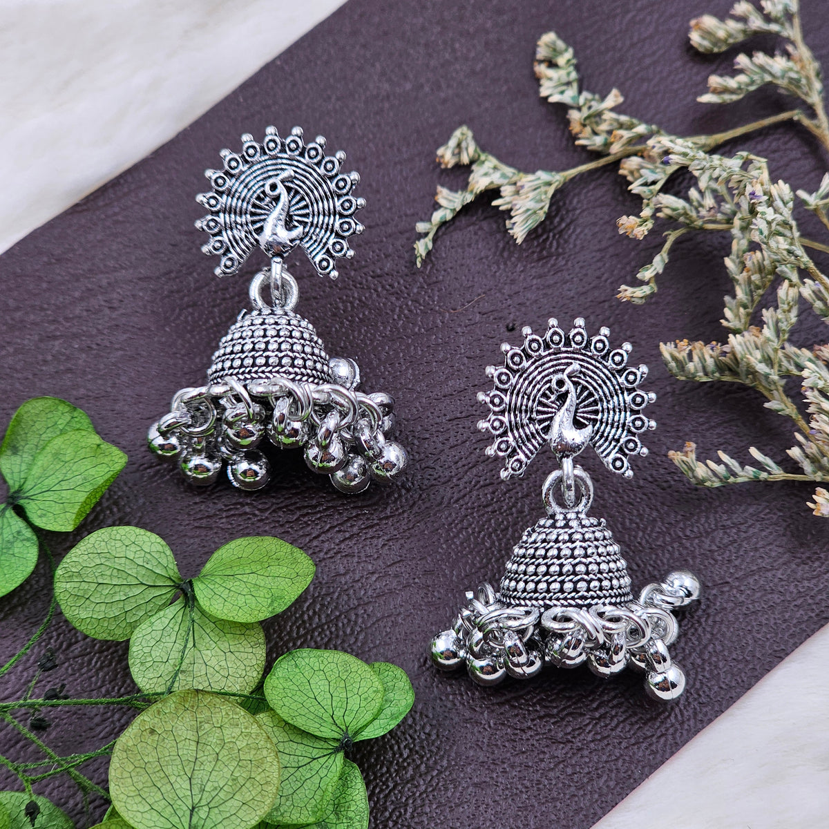 Traditional Peacock Silver Oxidised Indian Jhumki Drop Earrings