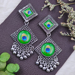 Traditional Peacock Feather Silver Oxidised Dangler Drop Earrings