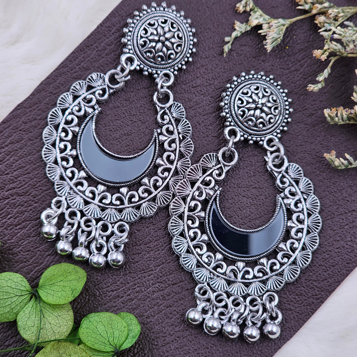 Stud Silver Oxidised Black Mirror Dangler Drop Jhumki Earrings
