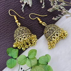 Fish Hook Gold Toned Oxidised Jhumki Drop Earrings