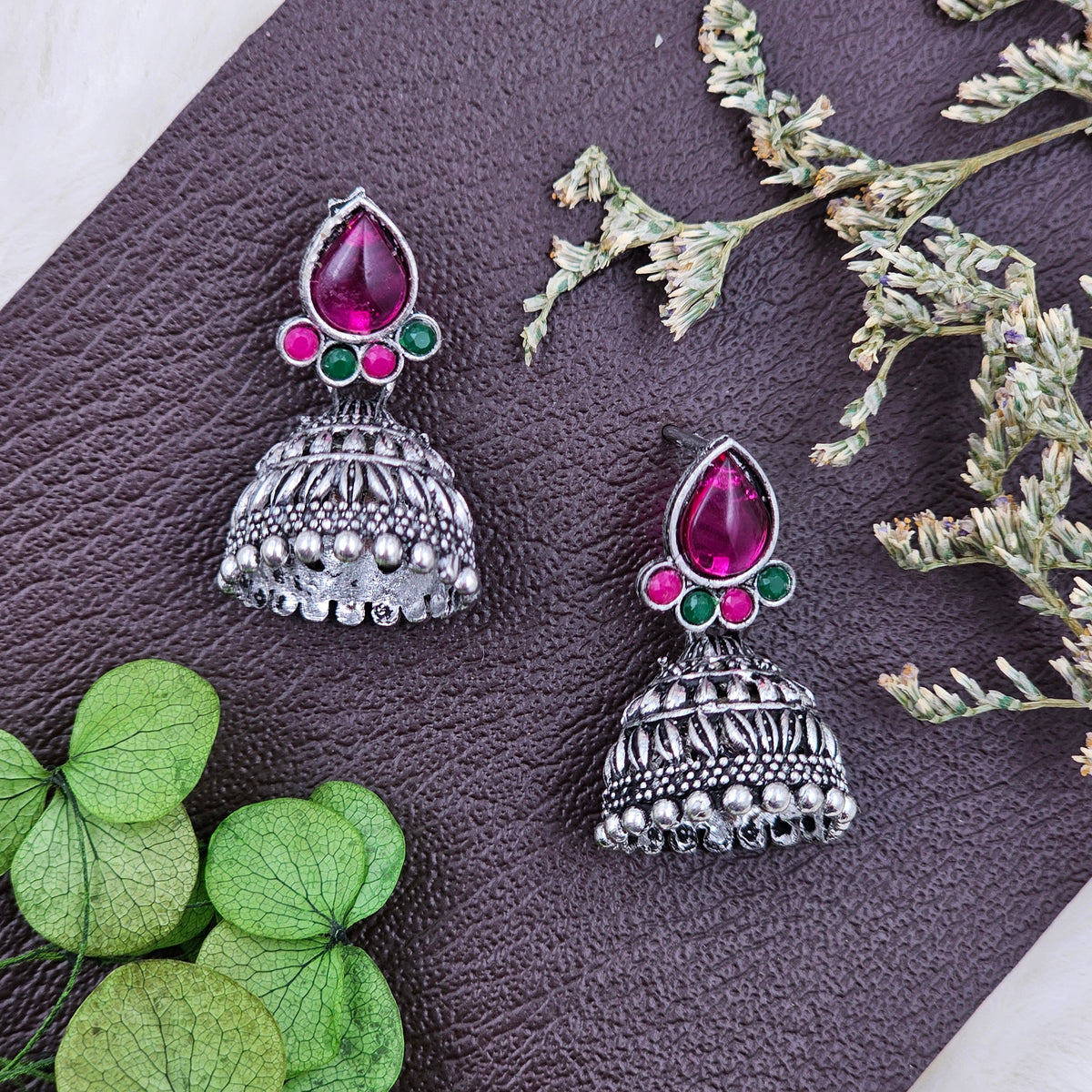 Pink Water Drop Shape Silver Oxidised Dome Jhumki Earrings