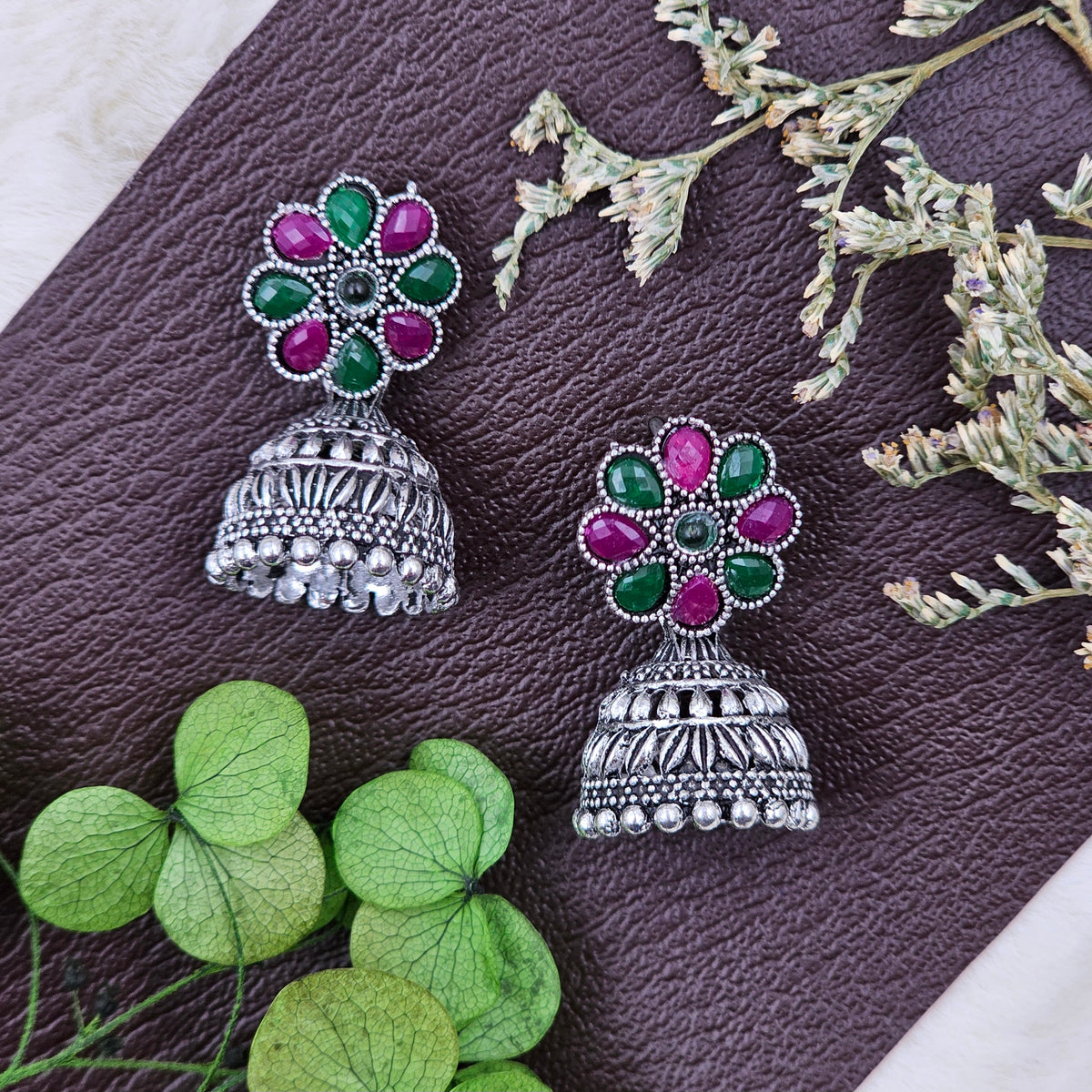 Silver Oxidised Green Magenta Jhumki Drop Earrings