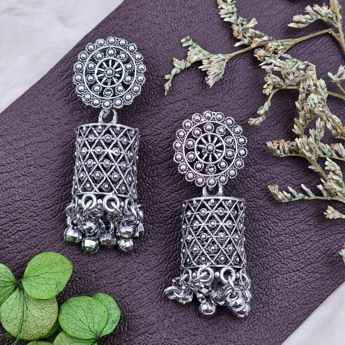 Elegant Silver Oxidised Jhumki Drop Earrings