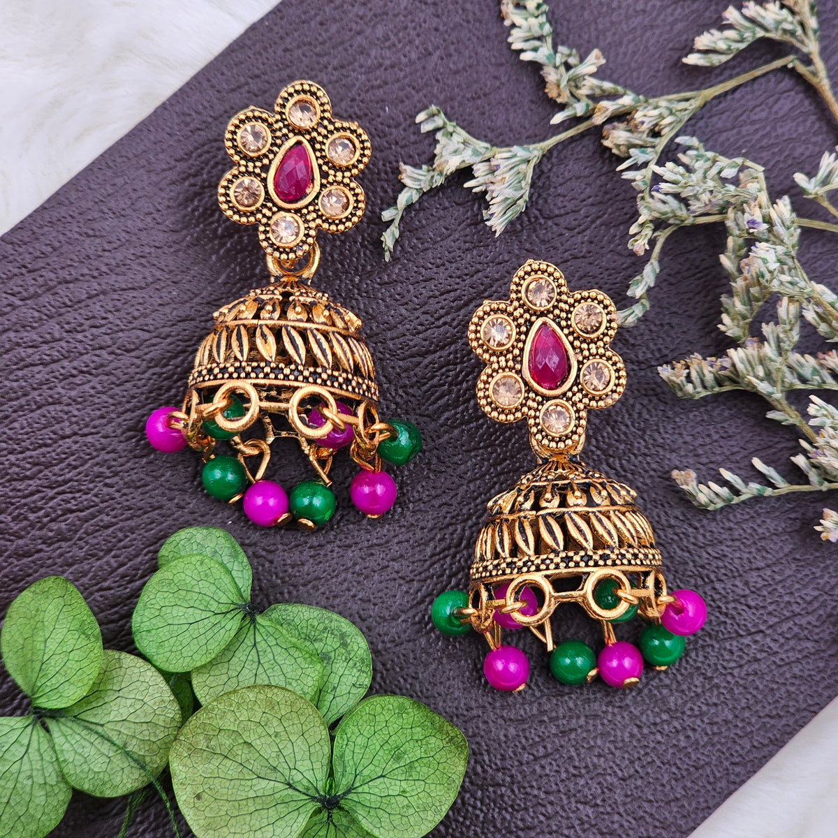 Traditional Gold Toned Oxidised Pink Green Stone Jhumka Drop Earrings