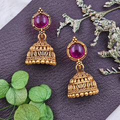 Traditional Gold Toned Pink Stone Jhumki Earrings