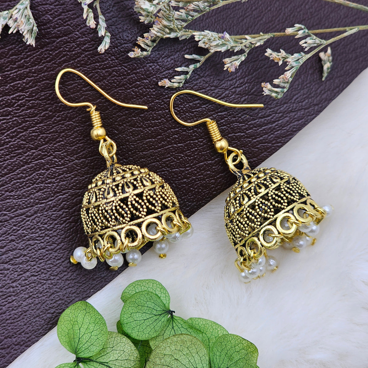 Fish Hook Gold Toned White Drop Beads Jhumki Earrings