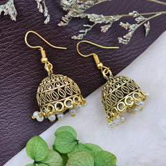 Fish Hook Gold Toned White Drop Beads Jhumki Earrings