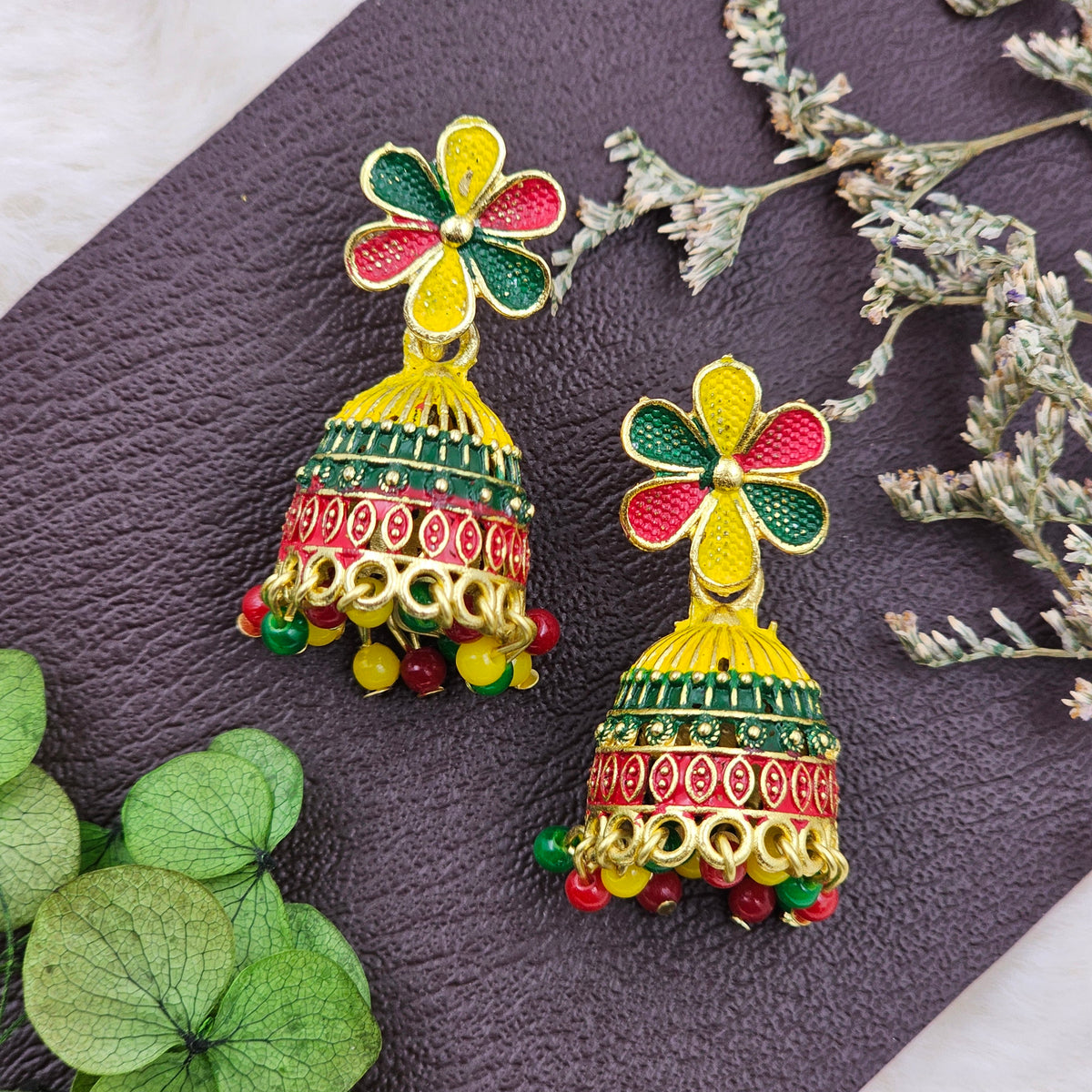 Traditional Gold-Toned Multicolour Jhumka Drop Earrings