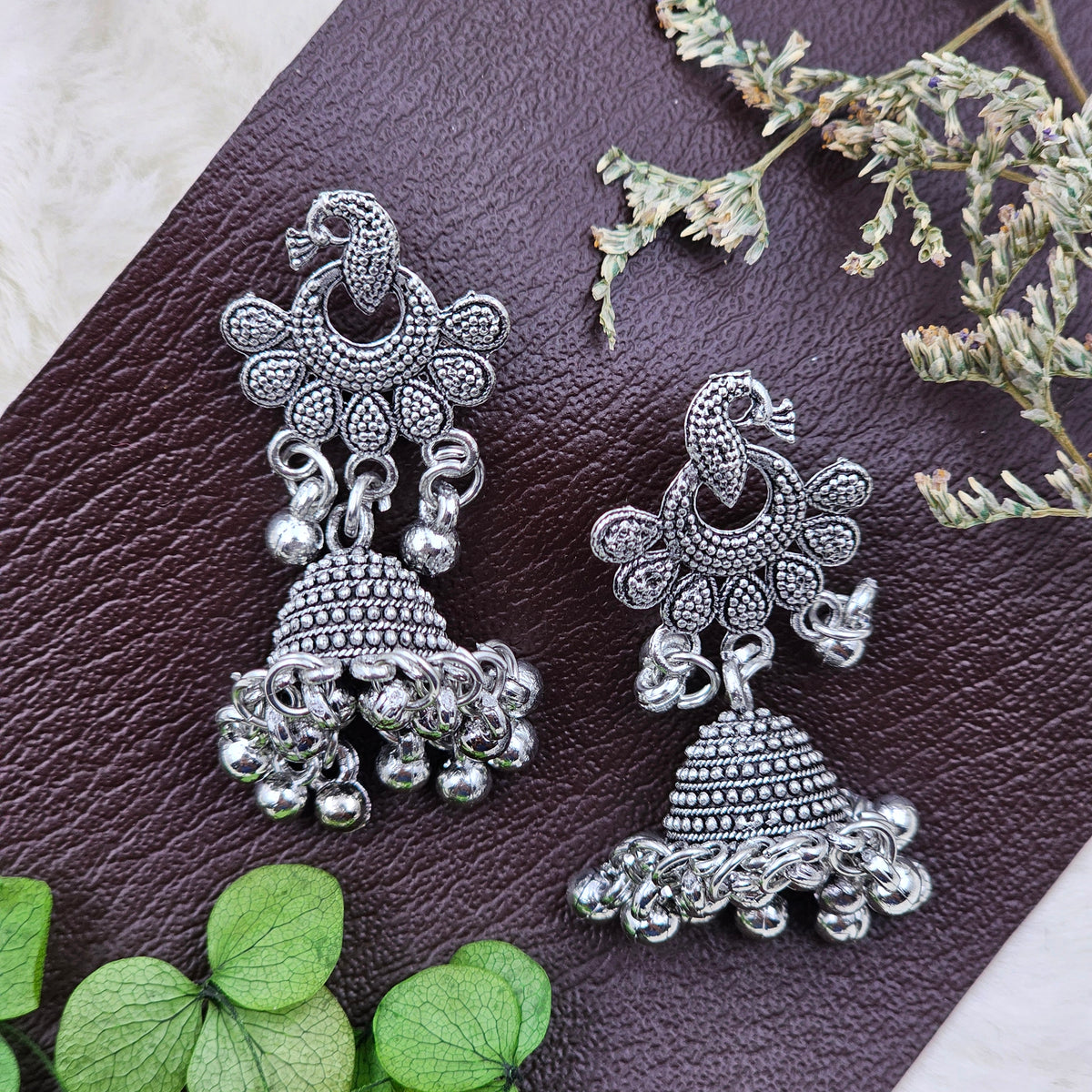 Elegant Peacock Silver Oxidised Jhumki Drop Earrings
