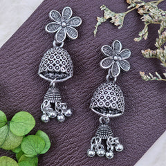 Traditional Silver Oxidised Flower Drop Earrings