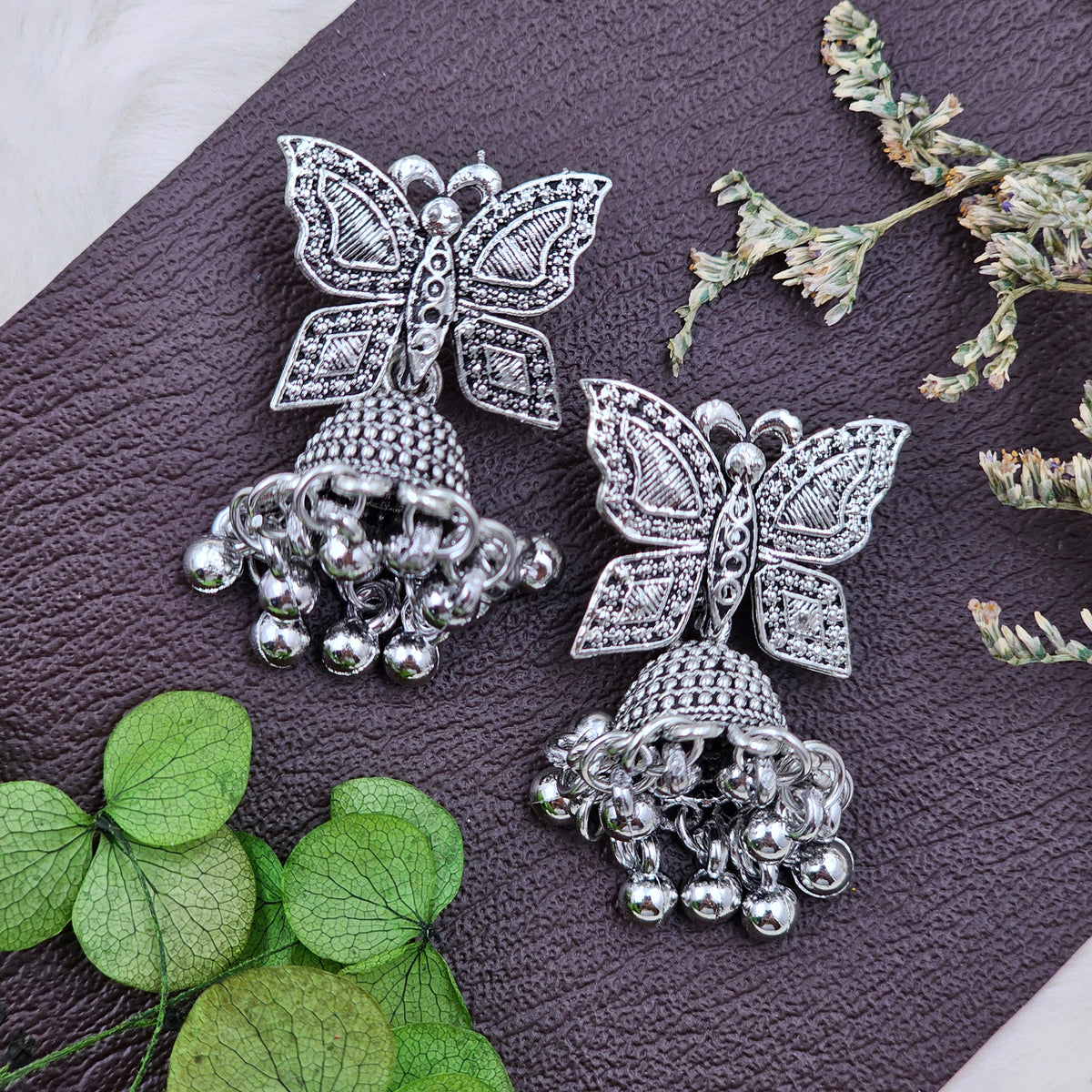 Butterfly Pattern Traditional Silver Oxidised Jhumki Drop Earrings