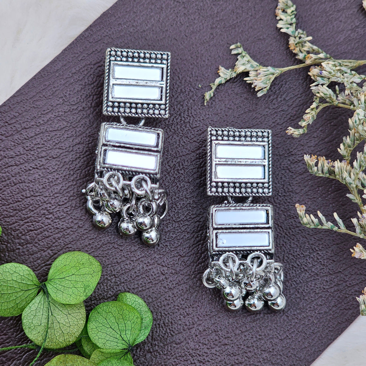 Silver Oxidised Rectangular White Mirror Jhumki Drop Earrings