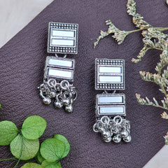 Silver Oxidised Rectangular White Mirror Jhumki Drop Earrings