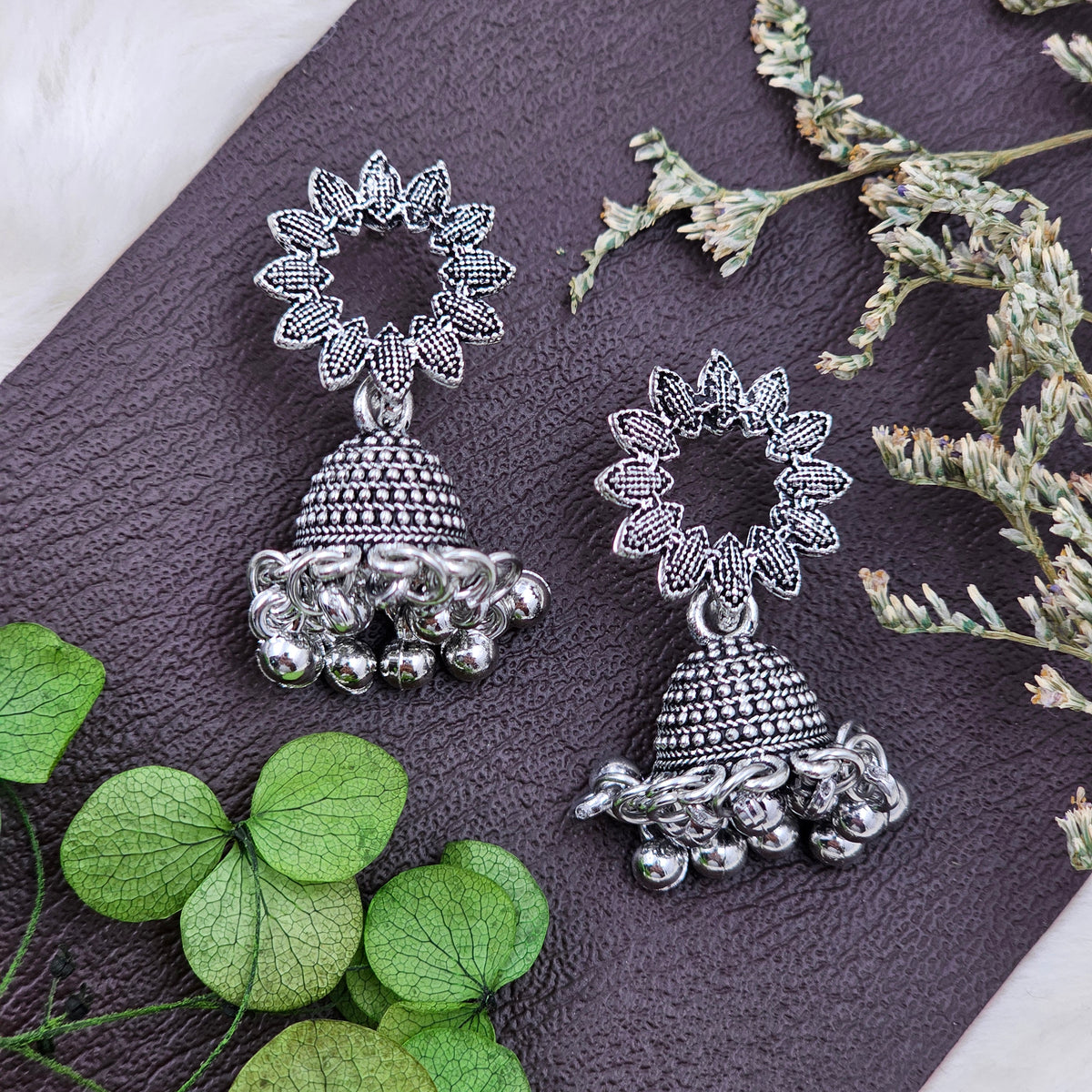 Silver Oxidised Dome Jhumki Drop Earrings