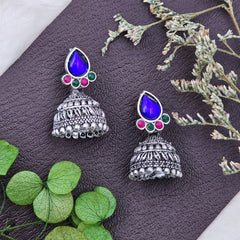 Ethnic Silver Oxidised Multicolour Stones Jhumki Stud Earrings
