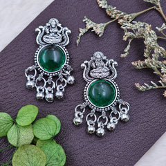 Traditional Silver Oxidised Green Stone Drop Earrings