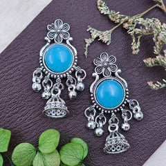 Blue Stone Silver Oxidised Jhumki Drop Earrings