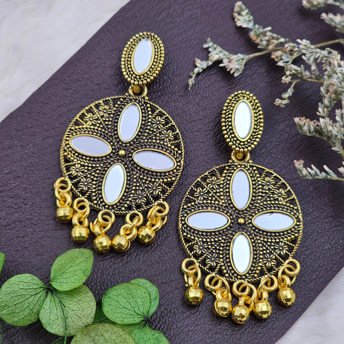 Ethnic Gold-Toned Chic Mirror Drop Dangles