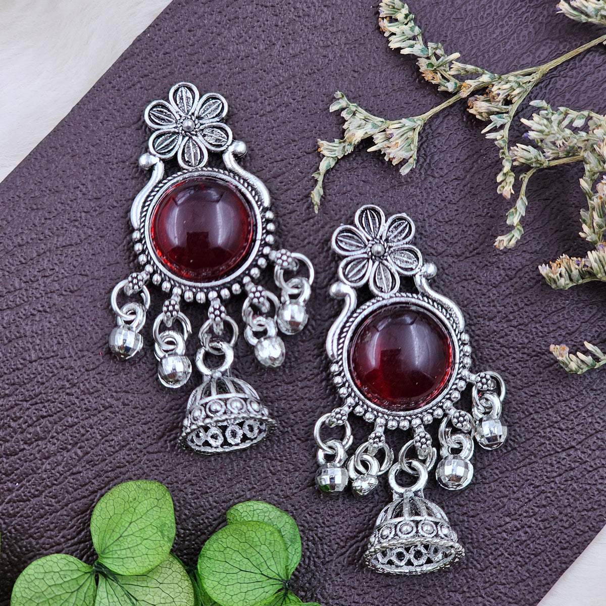 Elegant Silver-Toned Red Stone Jhumki Drop Earrings