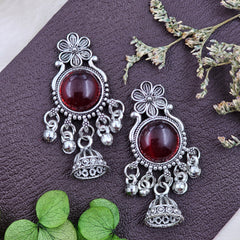 Elegant Silver-Toned Red Stone Jhumki Drop Earrings