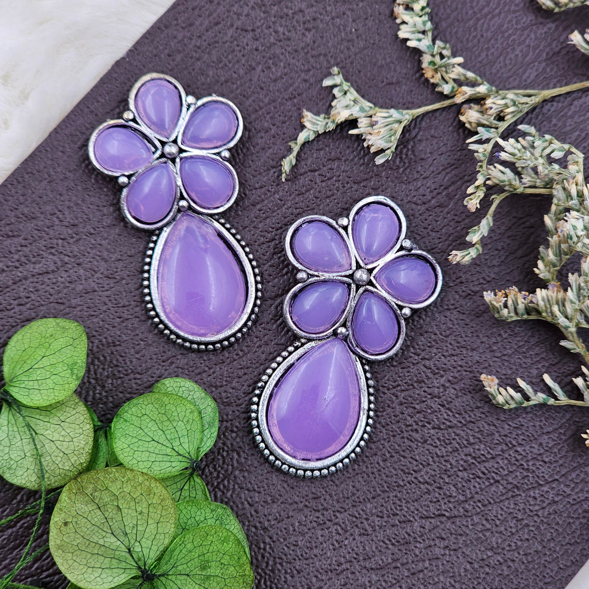 Teardrop Silver Oxidised Purple Stone Earrings