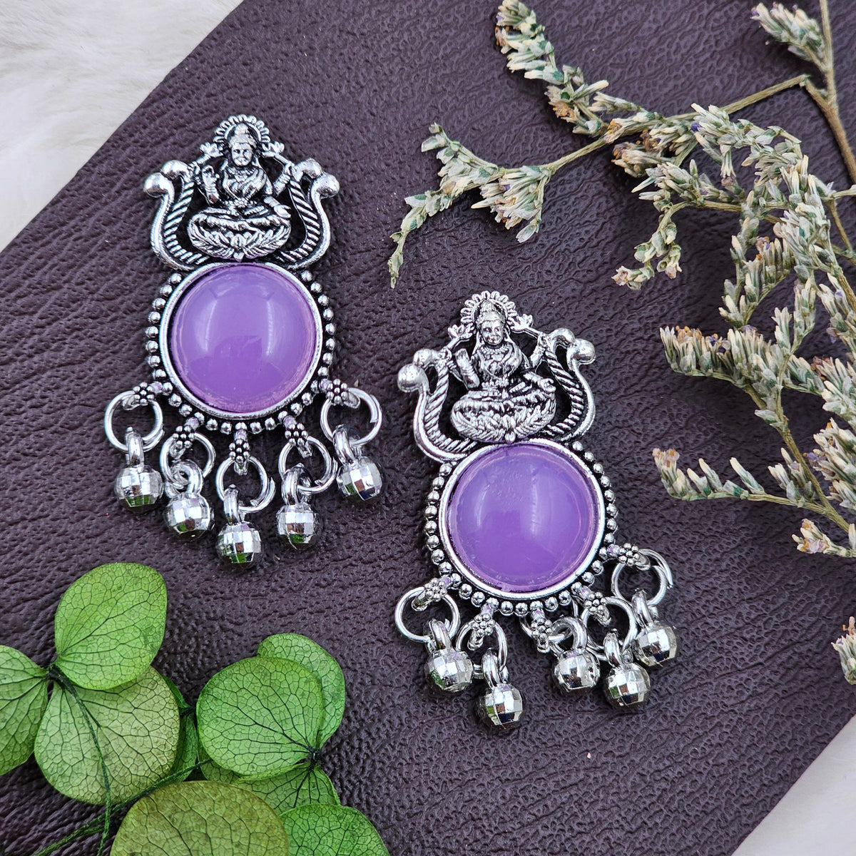 Silver Oxidised Jhumki Drop Earrings With Purple Stones