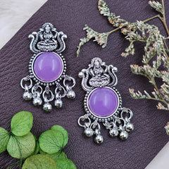 Silver Oxidised Jhumki Drop Earrings With Purple Stones