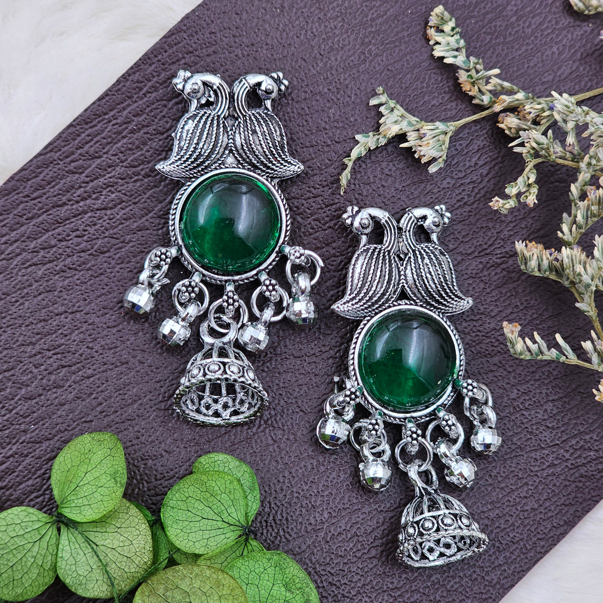 Peacock Silver Oxidised Green Stone Jhumki Drop Earrings