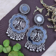 Elegant Silver Black Mirror Oxidised Drop Earrings