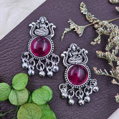 Ethnic Oxidised Silver Jhumka Earrings With Pink Stone