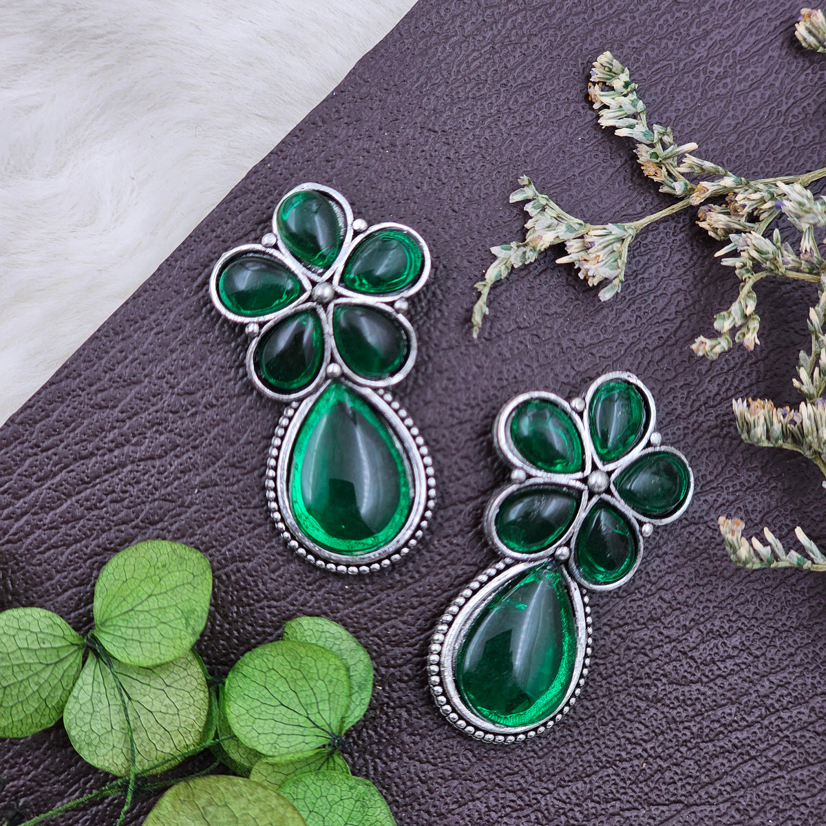 Teardrop Silver Oxidised Green Color Drop Earrings