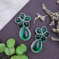 Teardrop Silver Oxidised Green Color Drop Earrings