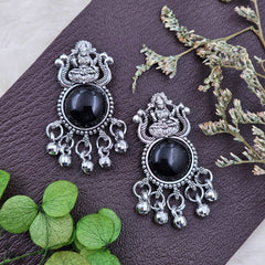 Silver Oxidised Black Stone Jhumki Drop Earrings