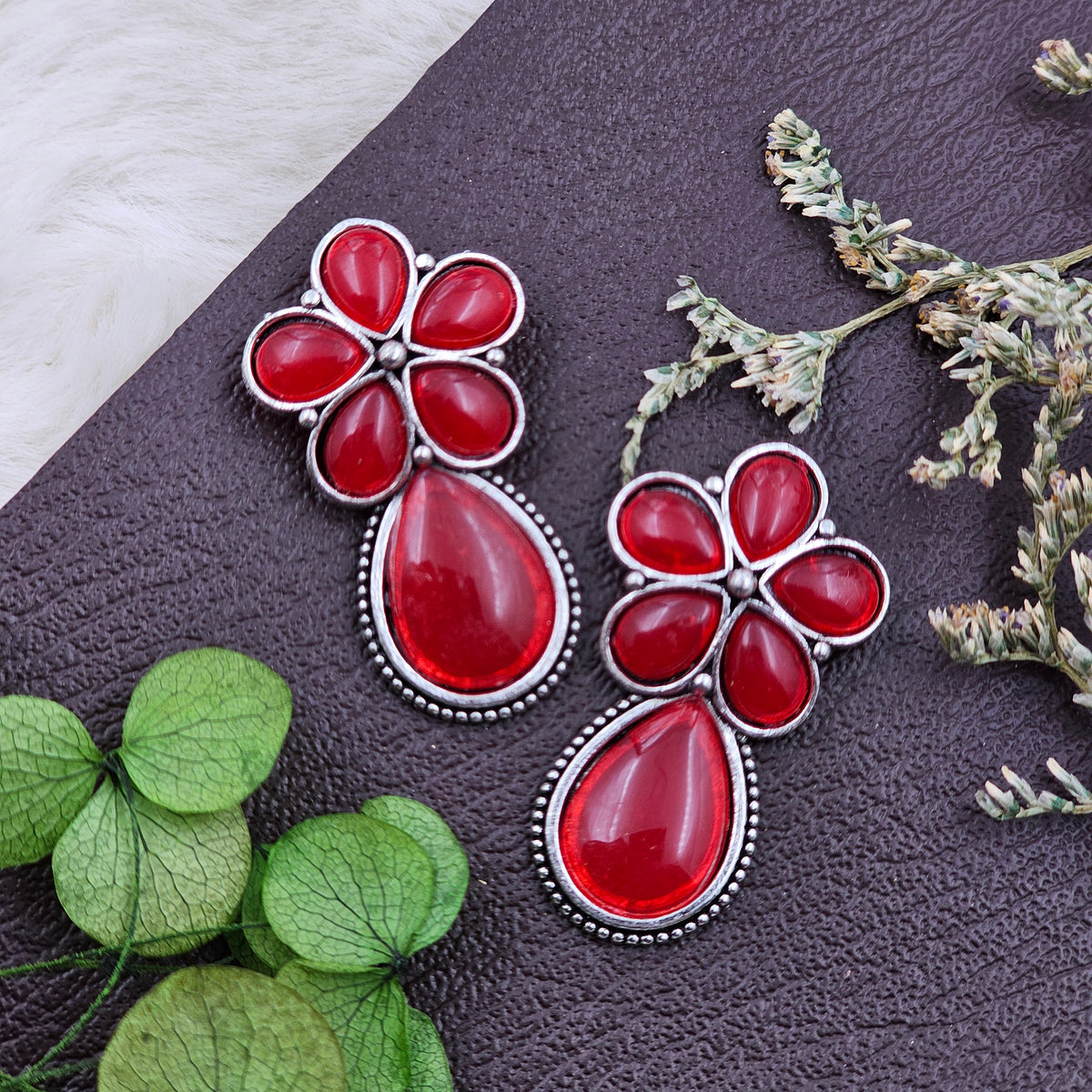 Teardrop Silver Oxidised Red Stone Earrings