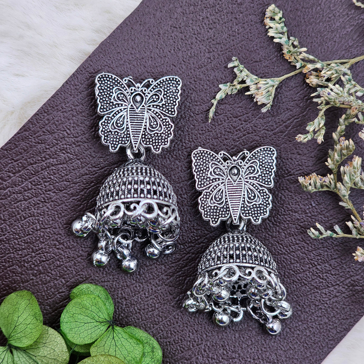 Oxidized Silver Butterfly Dangler Drop Jhumka Earrings