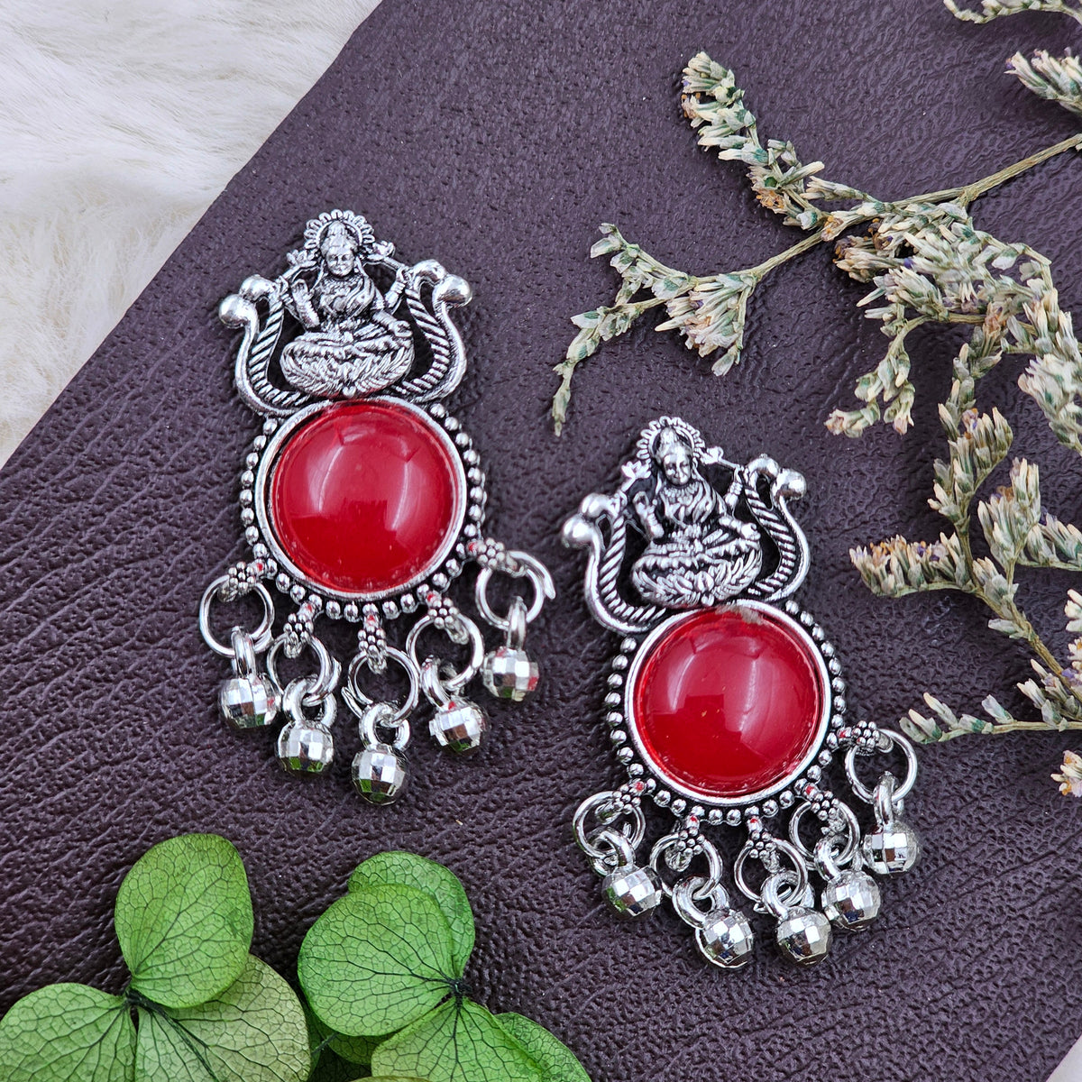 Silver-Toned Red Stone Dangler Drop Earrings